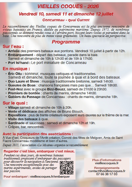 Programme du rassemblement des Vieilles Coques à Concarneau les 11 et 12 juillet 2026