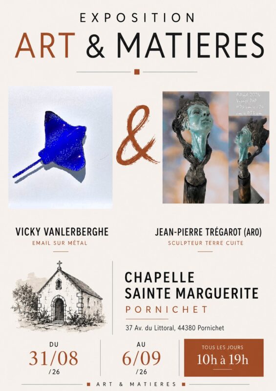 Exposition d'émaux sur métal de Vicky Vanlerberghe et de sculpture en terre de Jean-Pierre Tregarot du 31 août au 6 septembre 2026 à la chapelle Sainte Marguerite à Pornichet